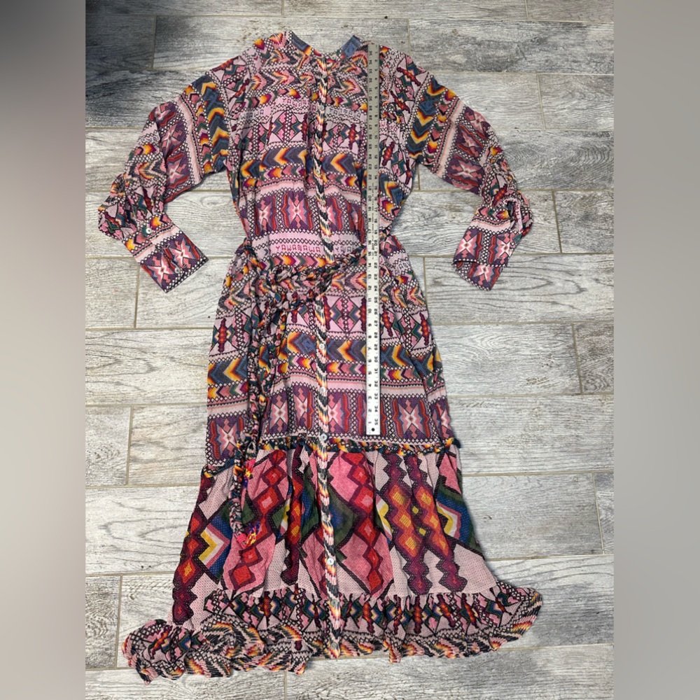 NWT Farm Rio Amulet Maxi Boho Sleeved Belted Aztec Sheer Dress Sz Large - Picture 15 of 17